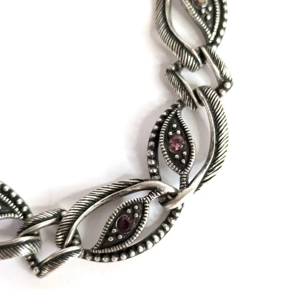 Marquise Eye Shaped Silver Tone Textured Link Bracelet Marcasite Style 6.5